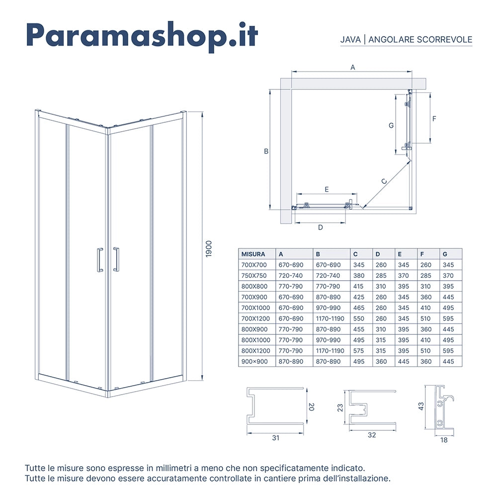 Box doccia 70x70 cm doppio scorrevole vetro temperato 6mm opaco h190 | Java
