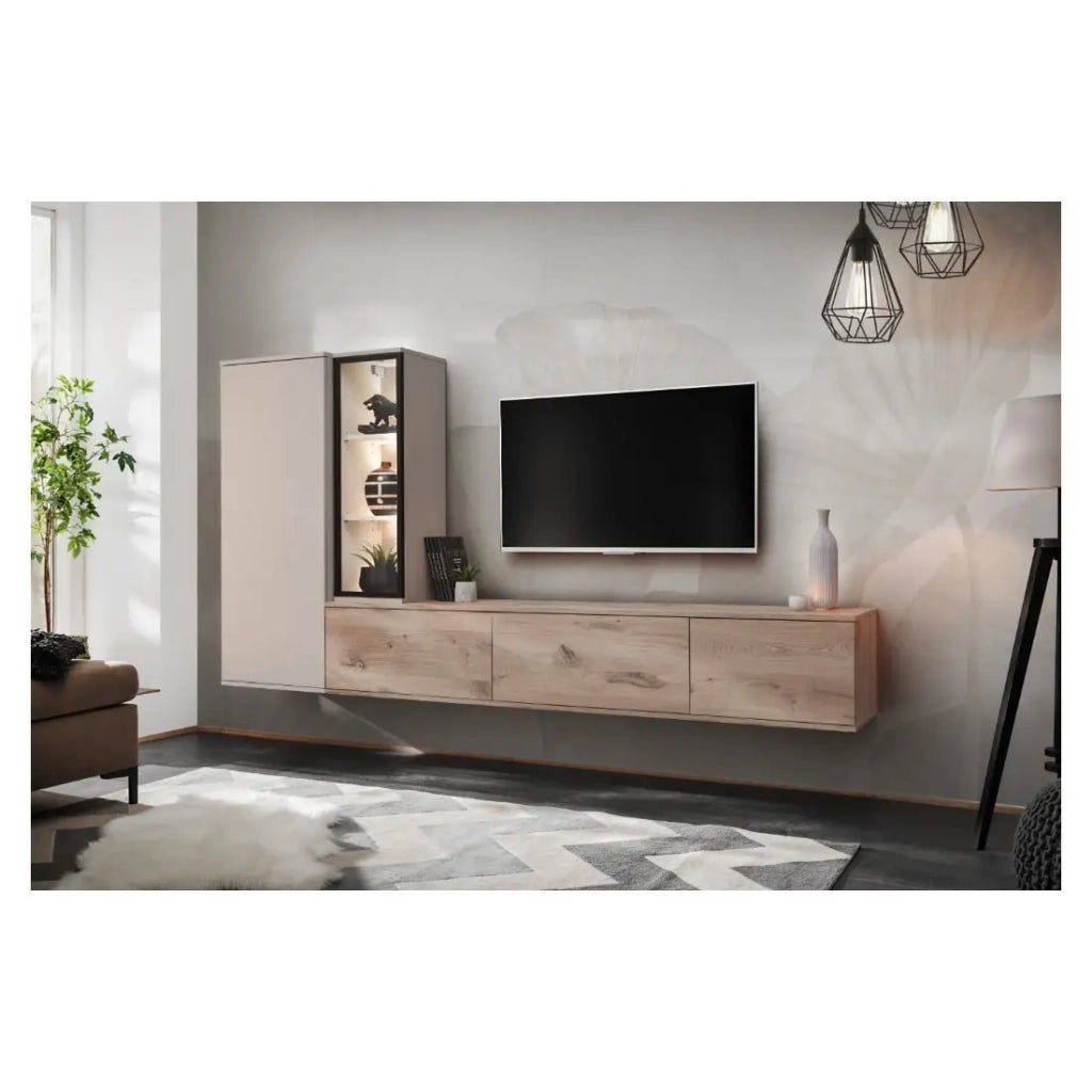 Composizione murale CALIRE – Mobile TV e contenitori sospesi – Quercia Vicking e Cashmere