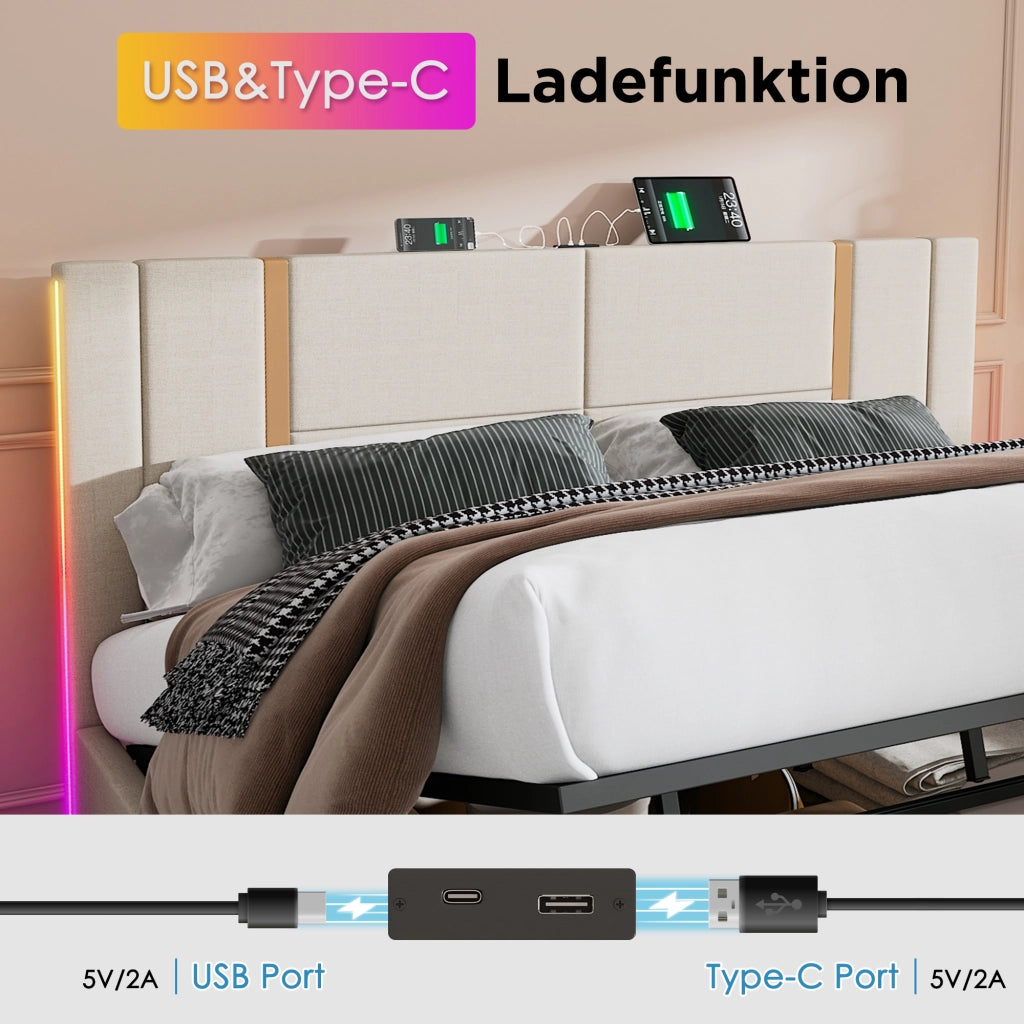 LETTO Contenitore 180x200 cm Beige in lino con USB e LED