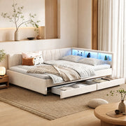 Divano letto 140x200 cm con LED, USB e 2 cassetti, beige