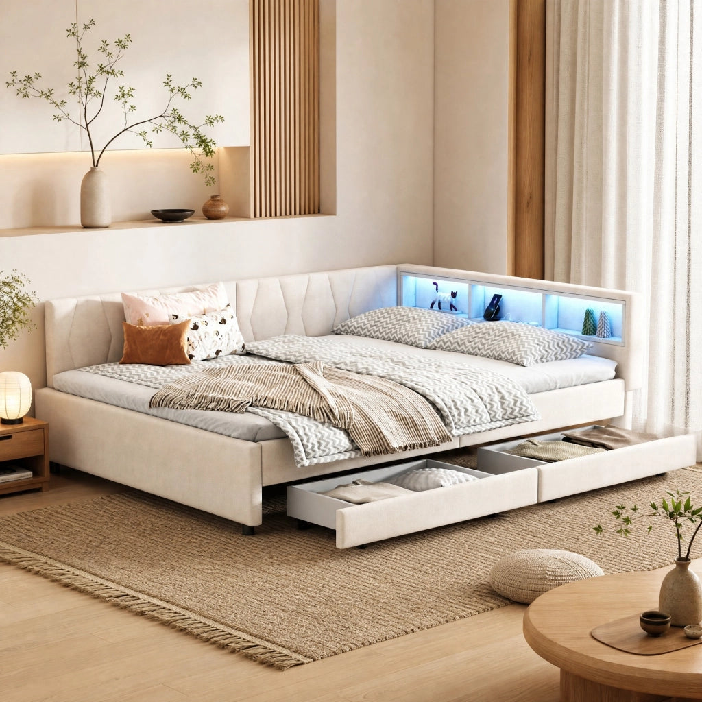 Divano letto 140x200 cm con LED, USB e 2 cassetti, beige