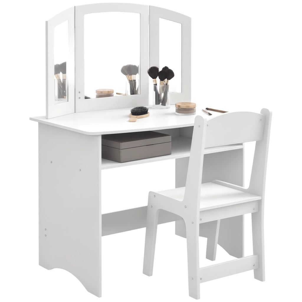 Set da Trucco per Bambini con Tavolo Toeletta con Specchio Triplo Rimovibile e Sedia in Legno Bianco