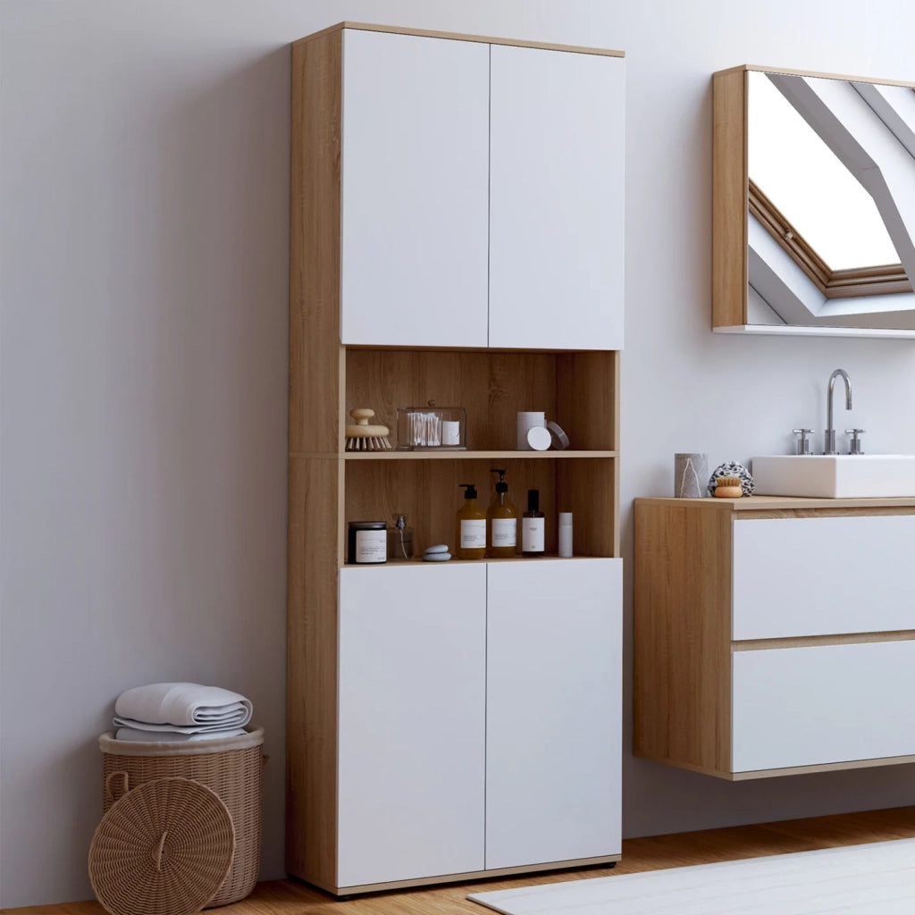 IDMarket - Mobile bagno TOMI a 4 ante e 2 nicchie in faggio bianco