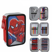 Trade Shop - Astuccio Triplo Spiderman 3 Zip Completo Accessoriato Bambini Scuola -