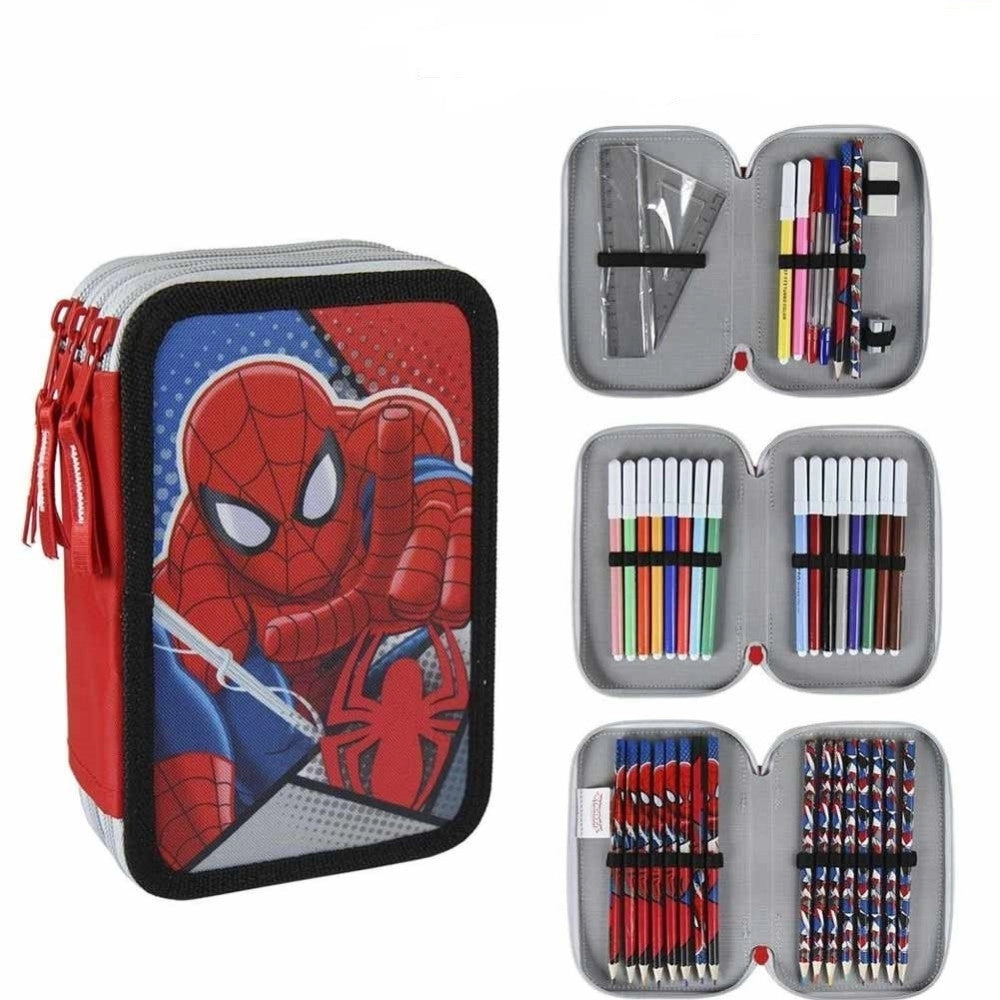 Trade Shop - Astuccio Triplo Spiderman 3 Zip Completo Accessoriato Bambini Scuola -