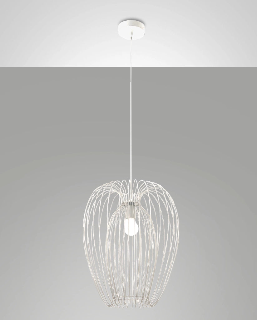Lampada a sospensione Camp dal design industriale moderno, struttura in metallo, colore Bianco, attacco E27, ideale per illuminazione d'interni.