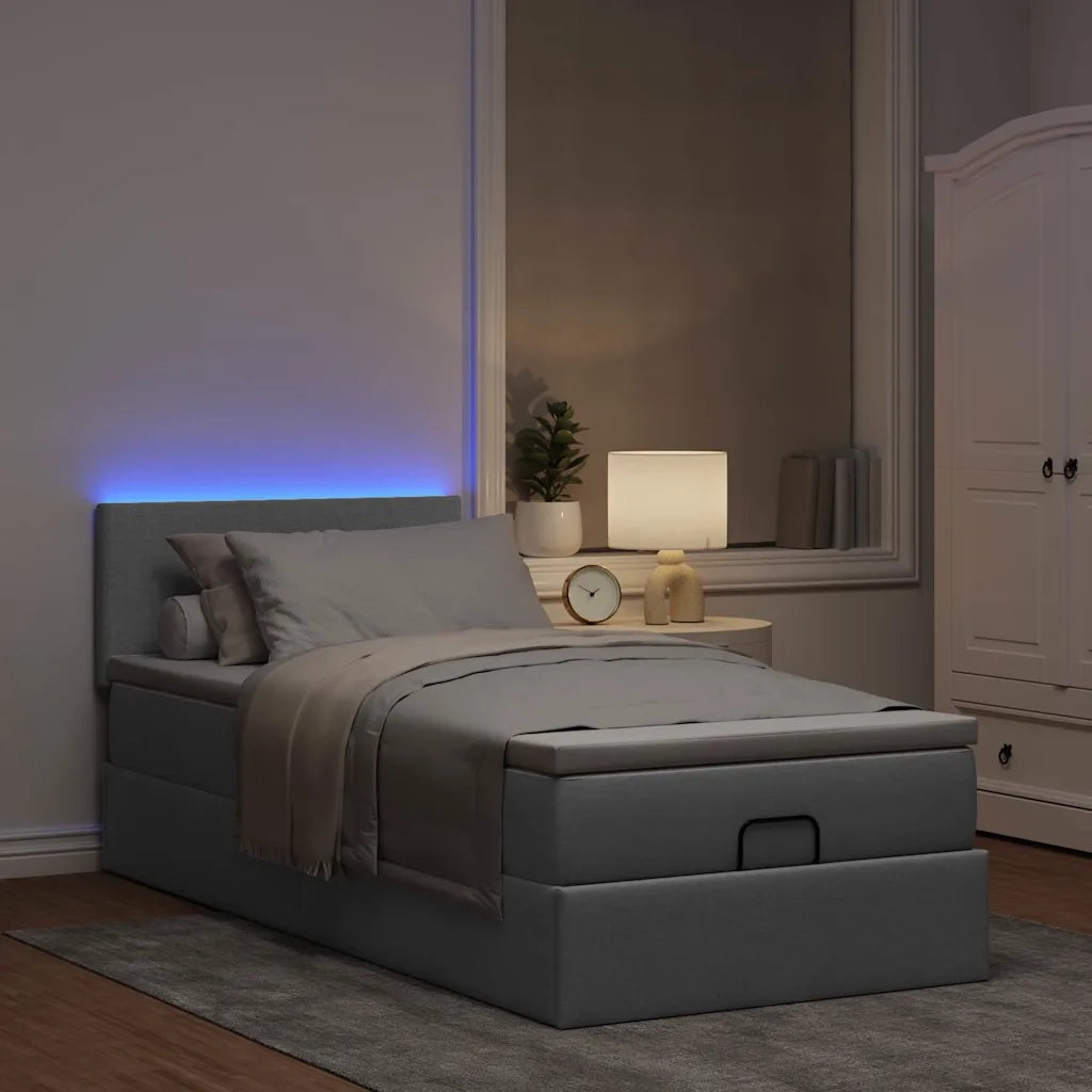 Pouf Letto con Materasso e LED Grigio Chiaro 90x200 cm Tessuto