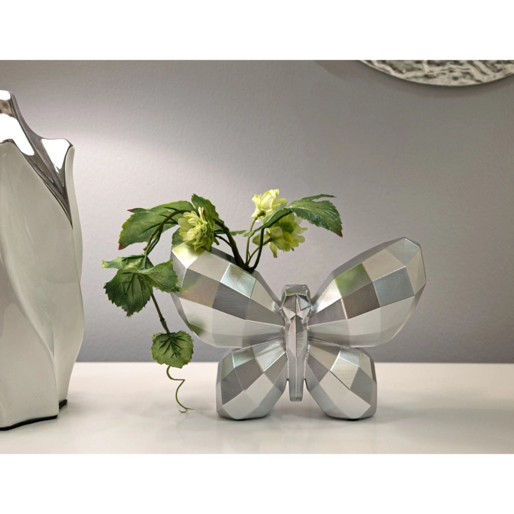 Vaso Decorativo Farfalla, Argento, Poliresina, 15x22,5x8 cm