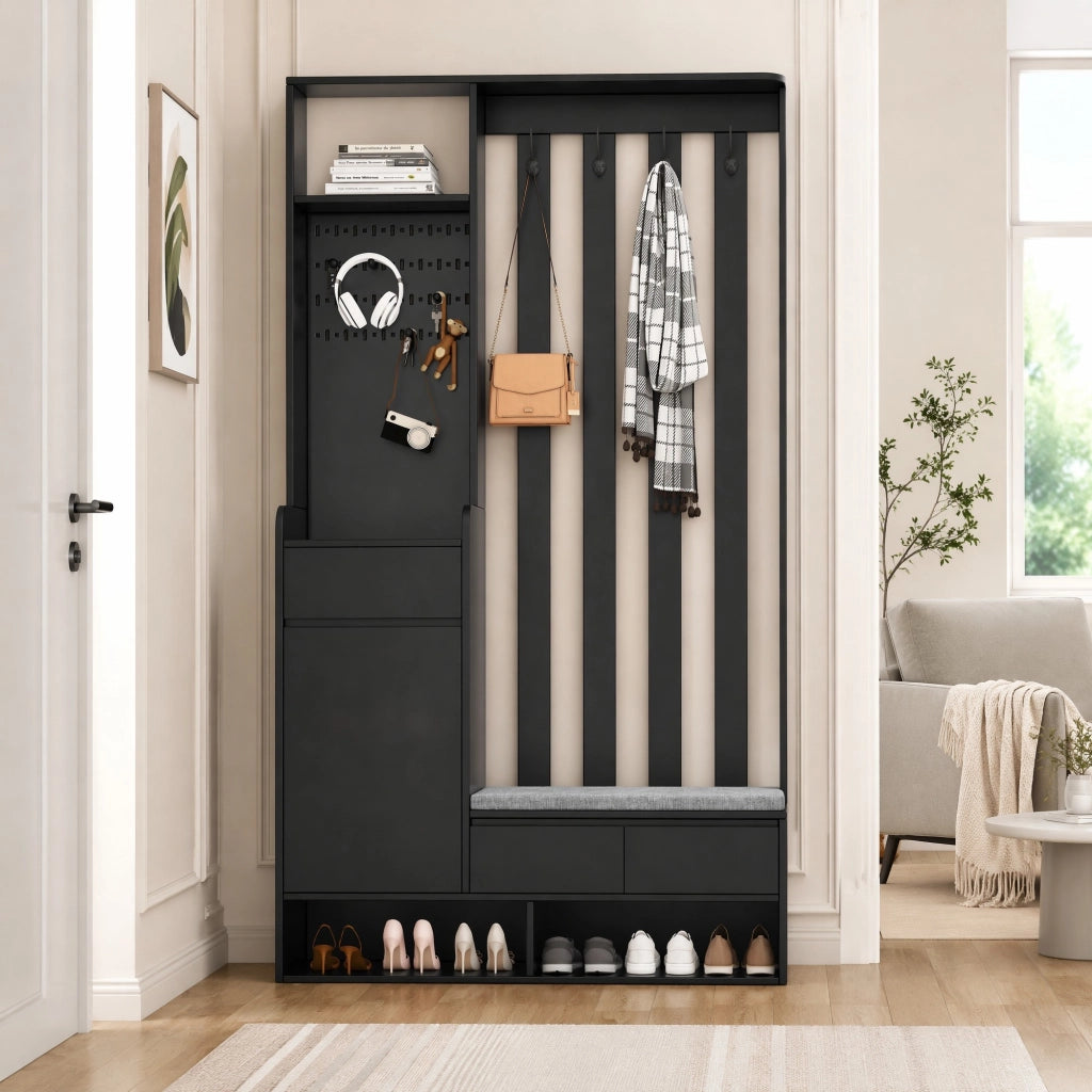 ARMADIO DA INGRESSO con panca, H180xL100xP35 cm, nero, MDF