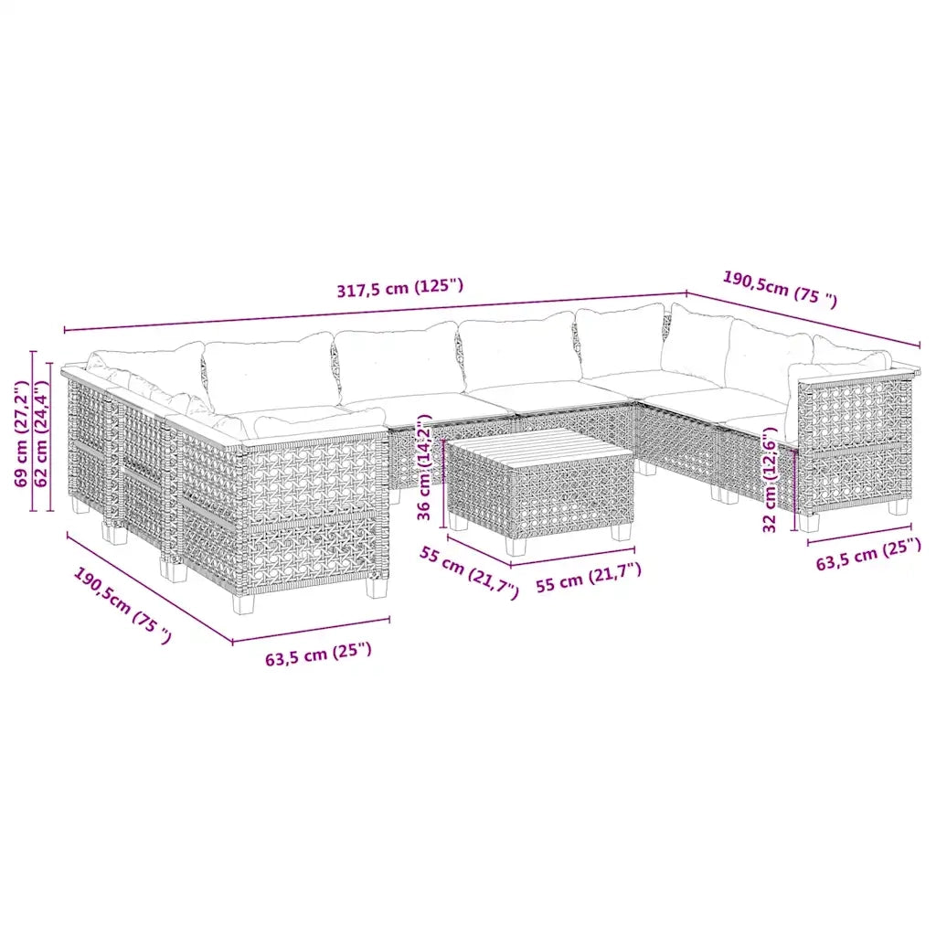 Set Divano da Giardino 10 pz con Cuscini Beige in Polyrattan 3261988