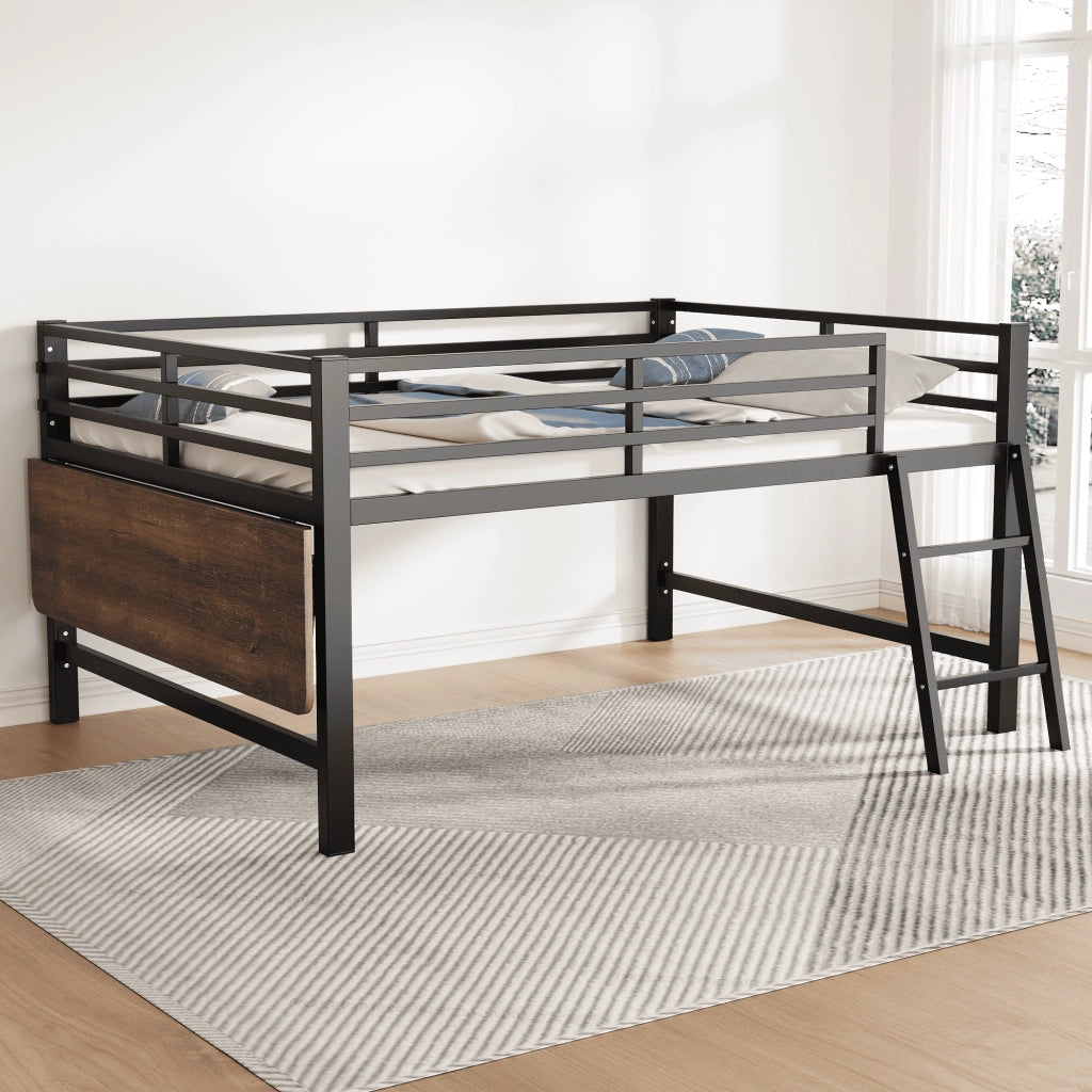 LETTO in metallo 140x200 cm nero con scala, scrivania e LED