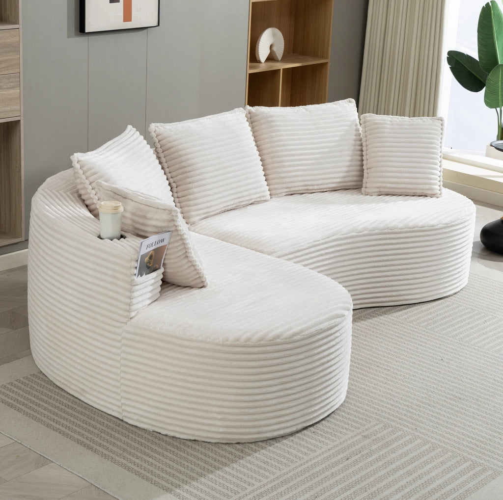 Divano ad arco 250x152x82 cm in tessuto corduroy beige con portabicchieri e tasche laterali