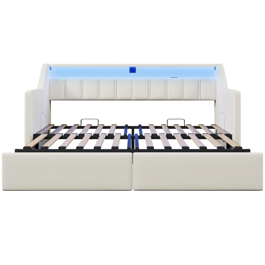 LETTO Estraibile 90x200 cm Beige in lino e MDF con USB e Type-C