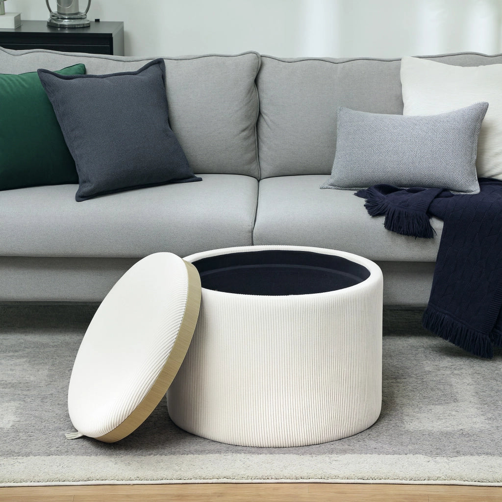 Pouf Contenitore Rotondo in Tessuto ¨C Minimal ¨C Cremewei?