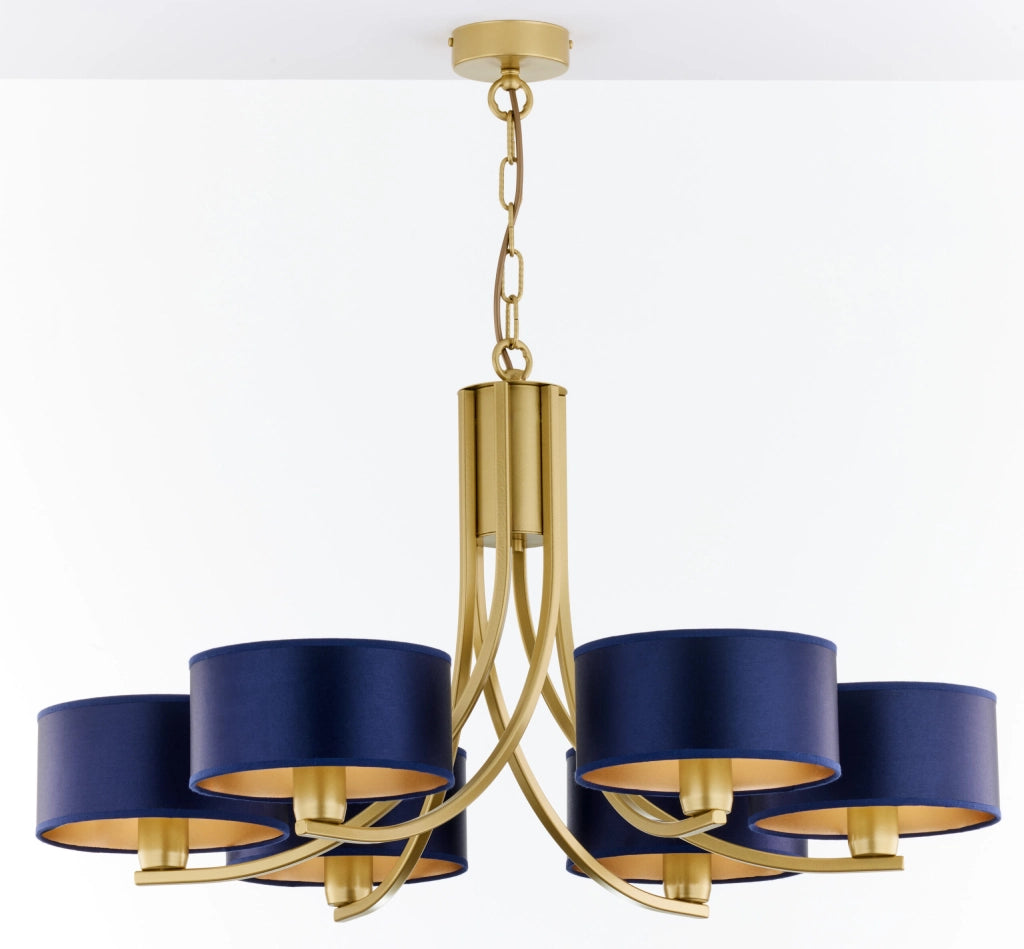Lampadario oro a catena ARTHUR 6xE27 paralumi blu