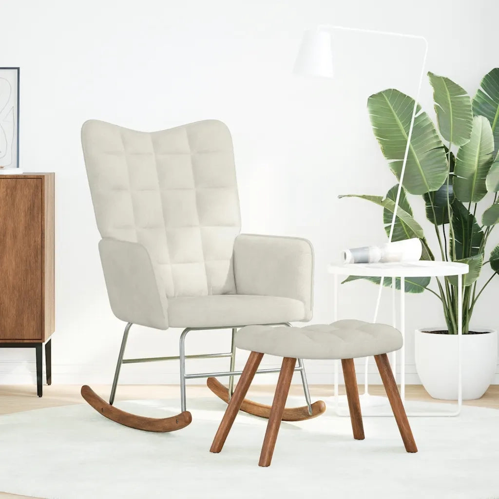 Sedia a dondolo con sgabello in velluto crema 4016852