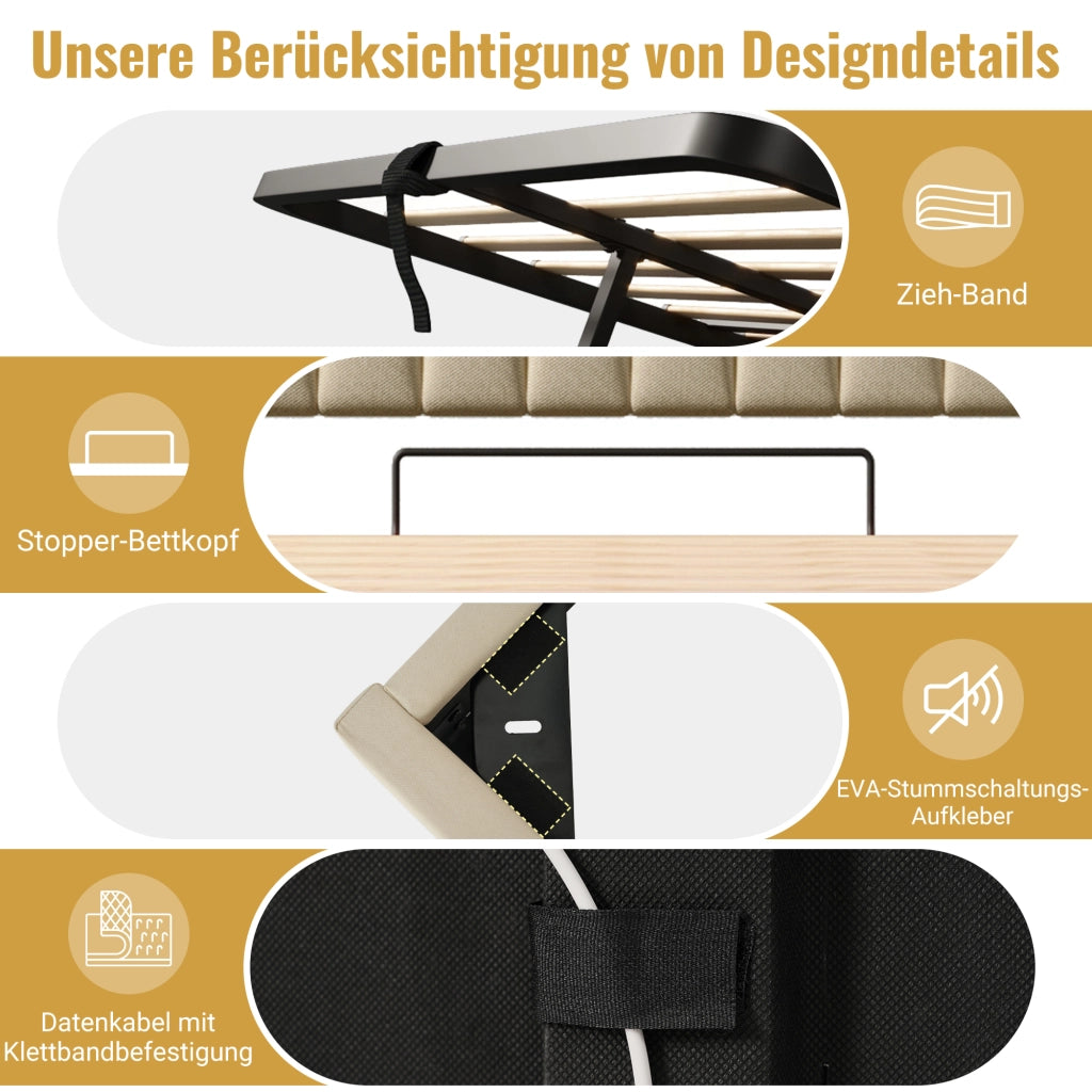 LETTO imbottito 140x200 cm in lino beige con LED, USB, Type-C e materasso incluso