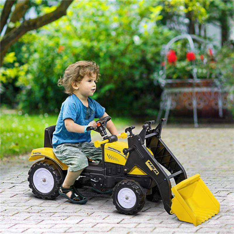 ESCAVATORE A PEDALI PER BAMBINI DA 3 ANNI CON RUSPA FRONTALE E VOLANTE, GIALLO