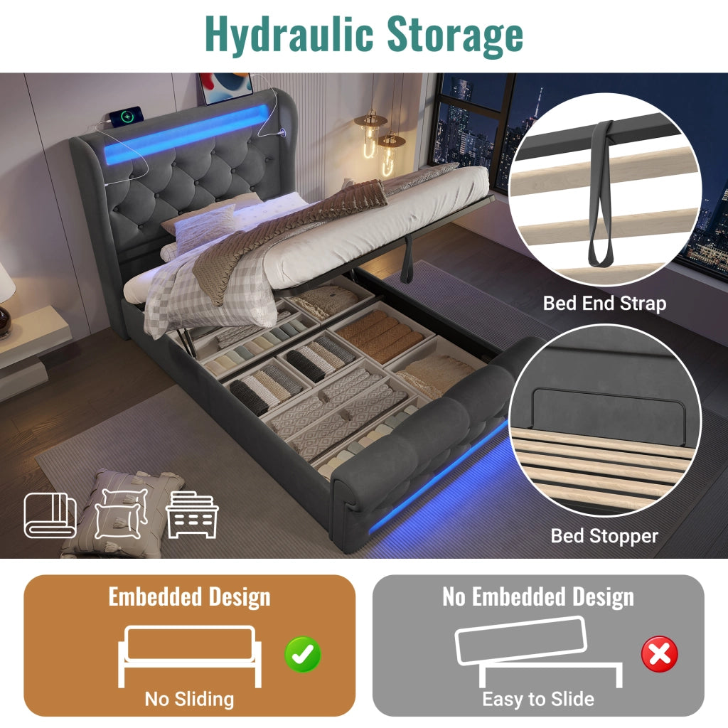 LETTO imbottito contenitore 90x200 cm velluto grigio con LED e USB + Type-C