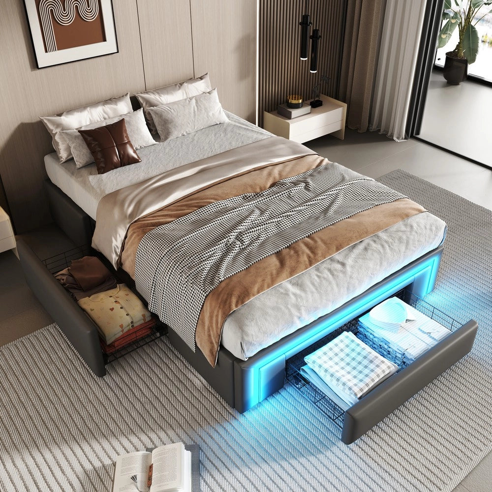 Letto Singolo con Cassetti e LED ¨C MINIMAL ¨C PU Grigio 90x200