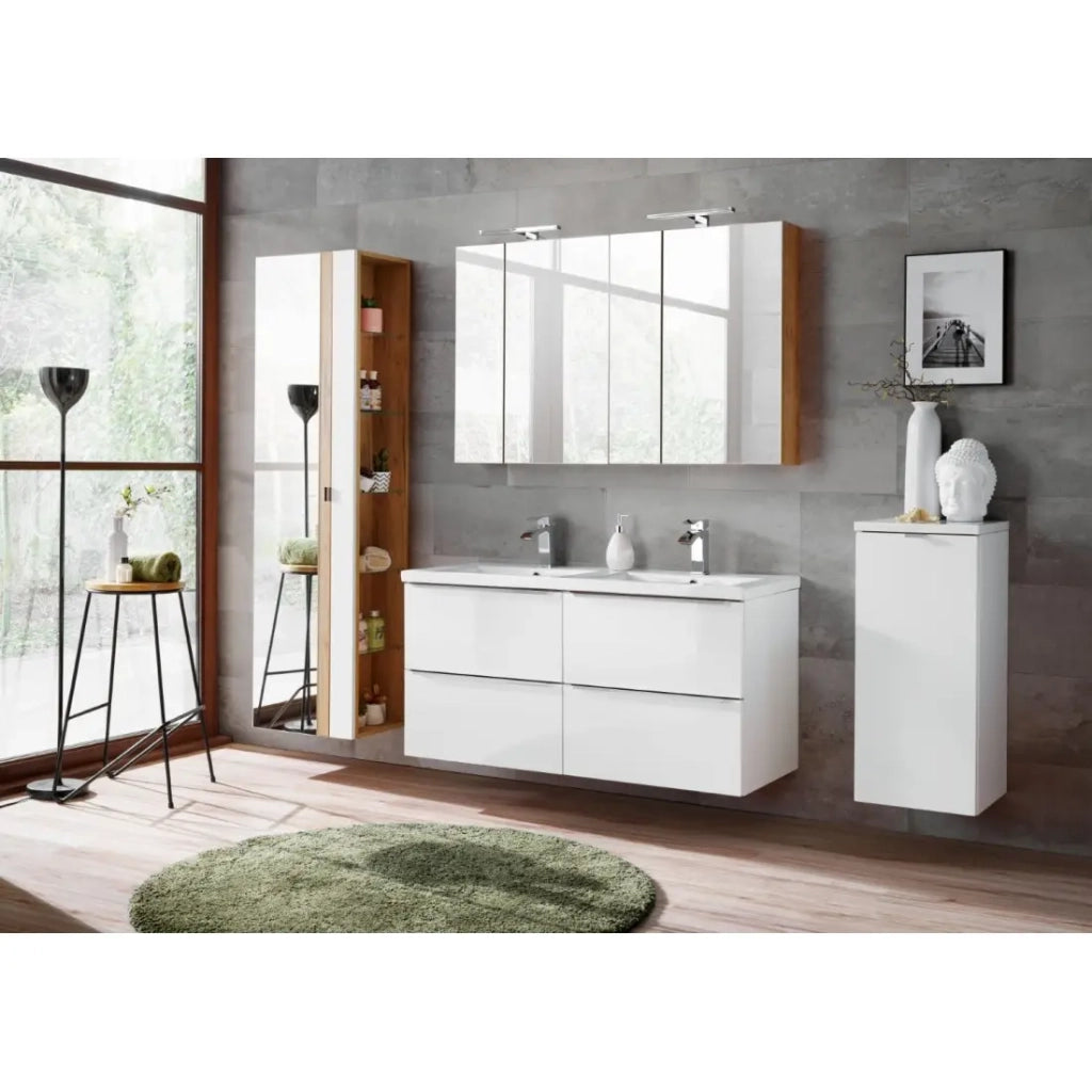 Colonna bagno NALYA 170 cm – Bianco lucido e rovere chiaro – Con specchio