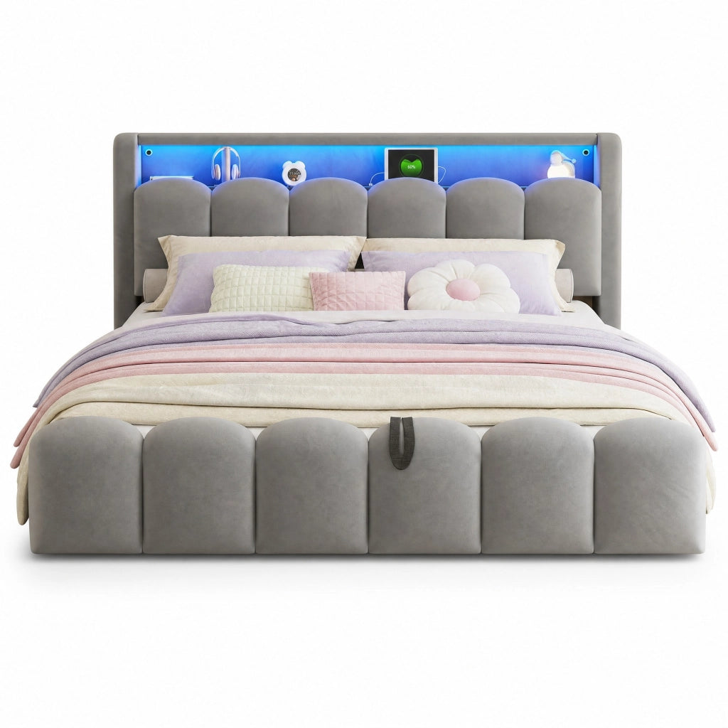 Letto imbottito matrimoniale 180x200 con contenitore, LED e porte USB/C