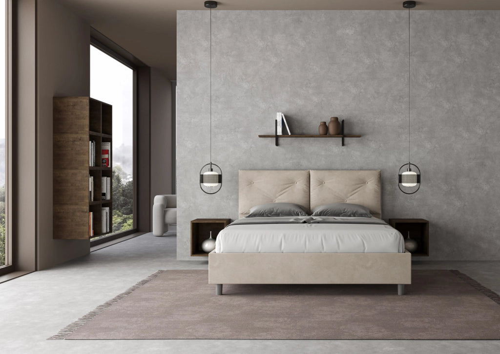 BS COM Letto queen size con rete imbottito 150x210 microfibra sabbia Large