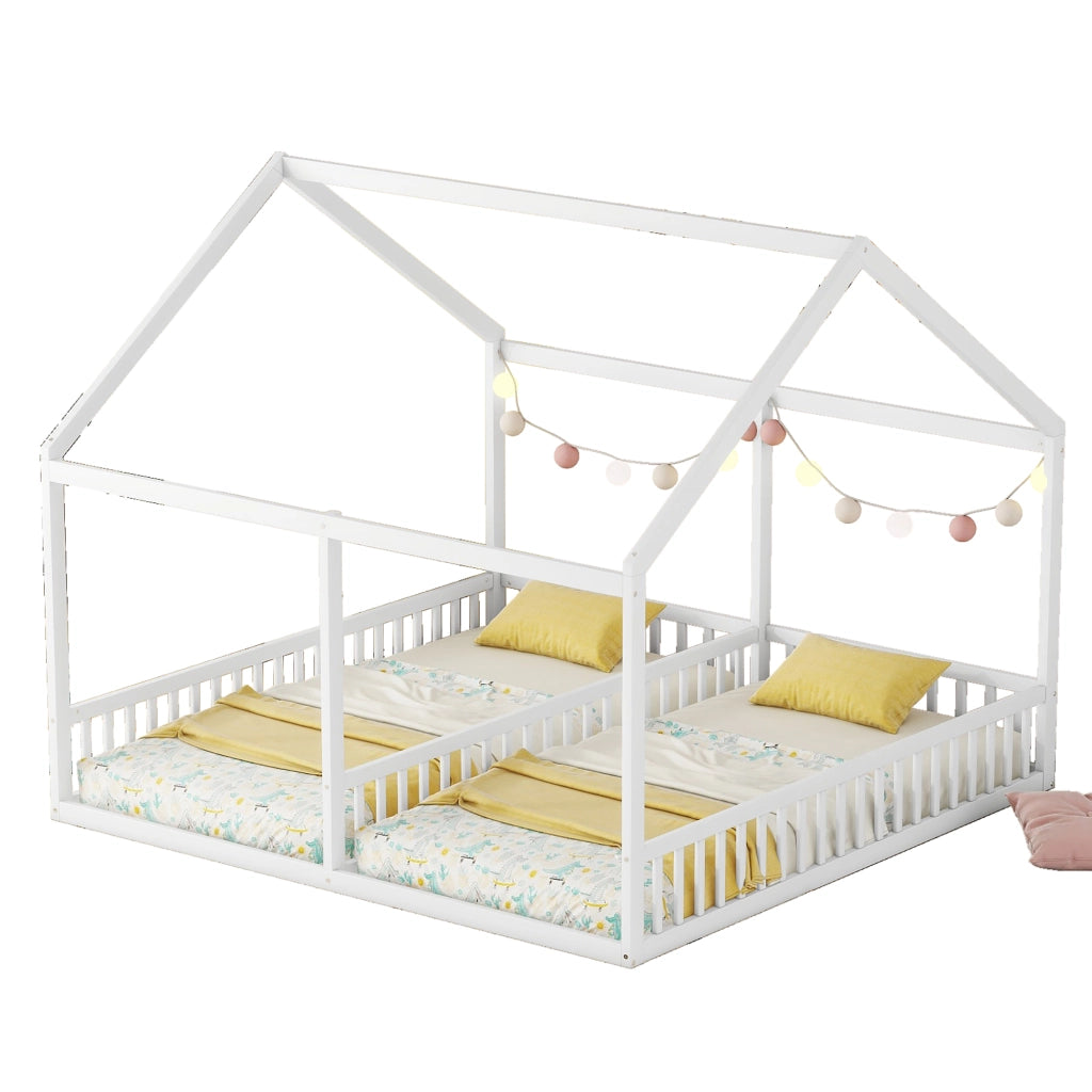 Letto singolo 90x200 in legno di pino e MDF, design a casetta, bianco