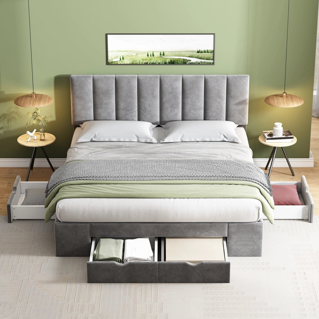 LETTO imbottito 160x200 cm in velluto grigio con rete a doghe