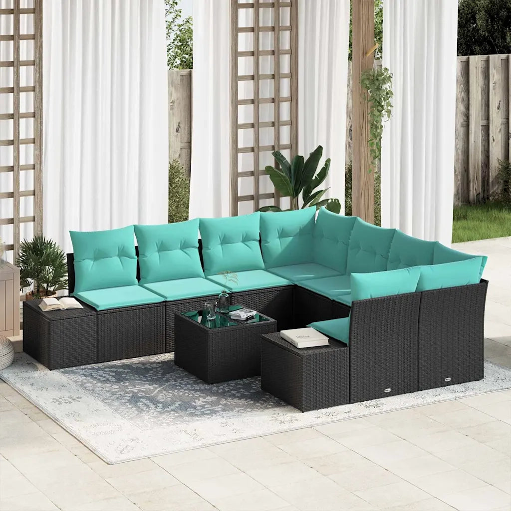 Set Divano da Giardino 9 pz Nero e Turchese polyrattan 3355675