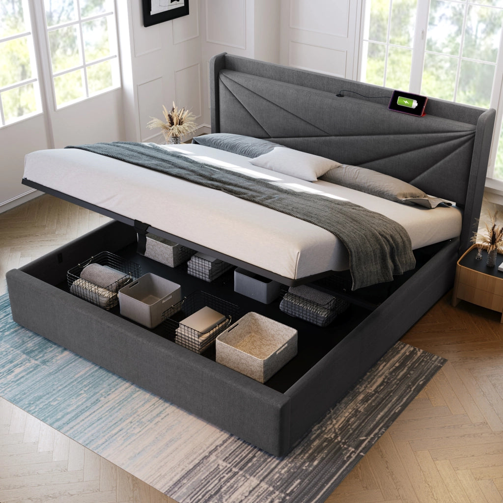 LETTO Contenitore 140x200 cm Grigio Cotone-Lino con USB Type-C