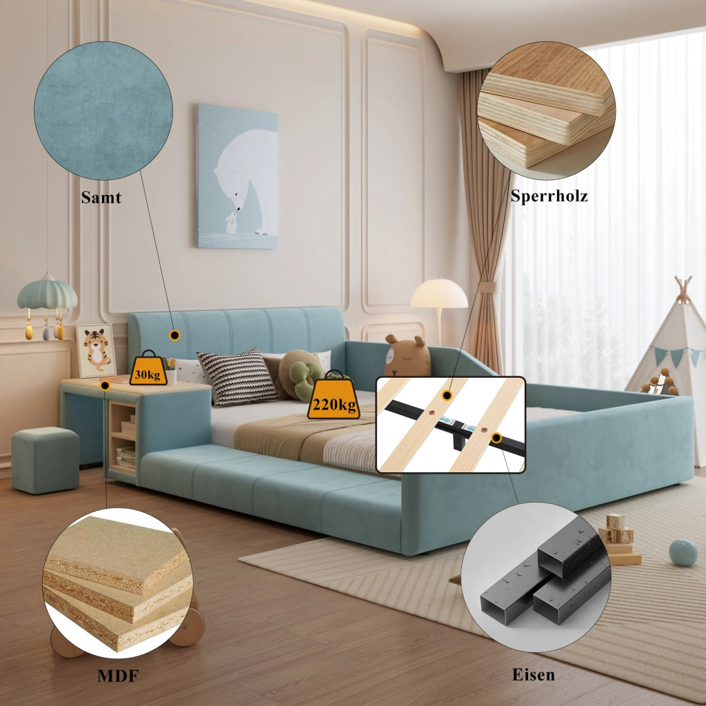 Letto Singolo Imbottito con Scrivania e Sgabello ¨C MINIMAL ¨C Velluto Blu 140x200
