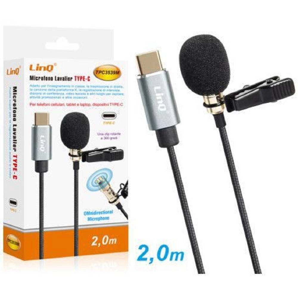 Trade Shop - Microfono Lavalier Usb-c Suono Omnidirezionale A 360° Cavo Da 2 Metri Tpc3539m -