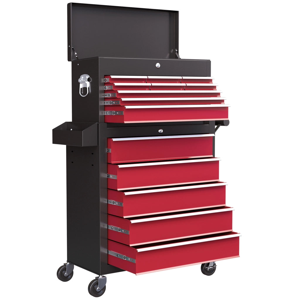Carrello attrezzi a cassetti con pannello forato ¨C zephmum ¨C 14 cassetti, acciaio, rosso