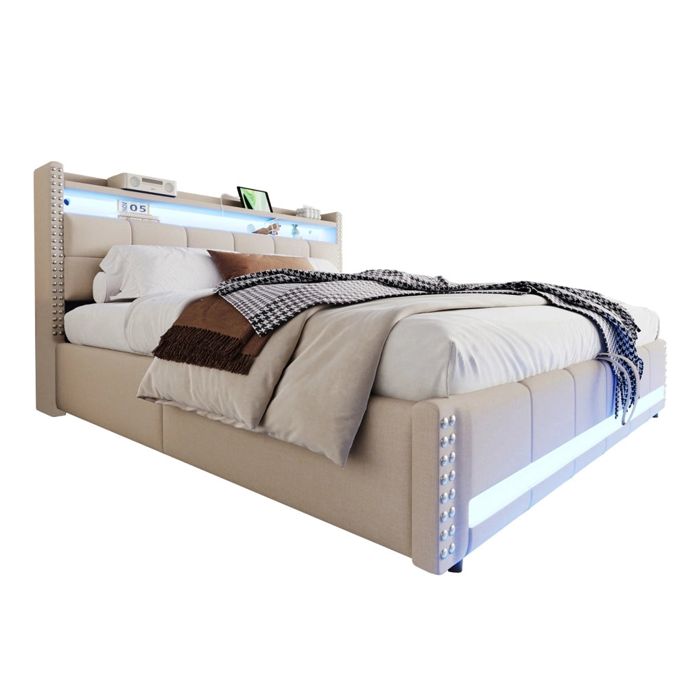 Letto matrimoniale - Xylo - 180x200 cm LED lino beige