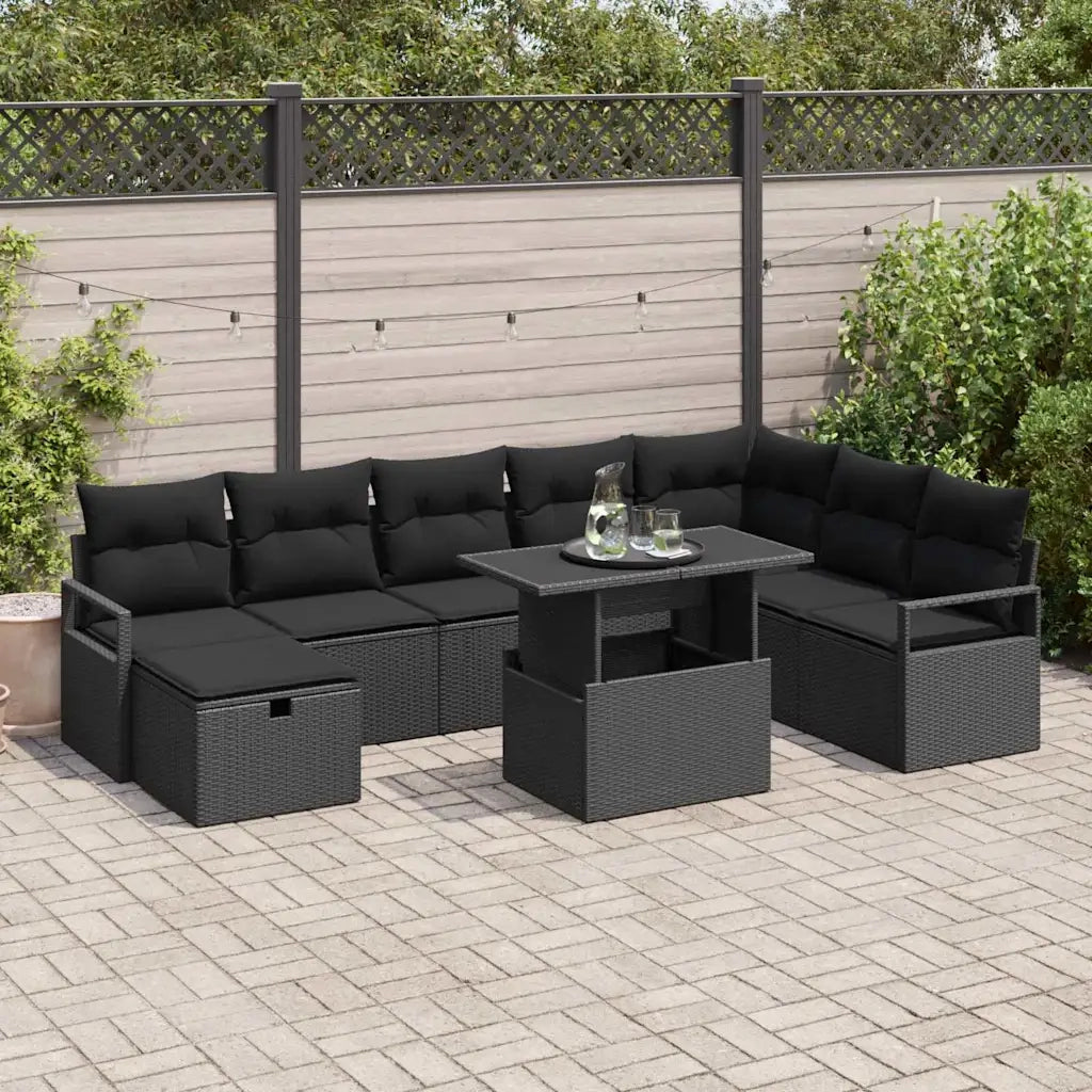 Set Divano da Giardino con cuscino 9 pcs Nero Poly Rattan