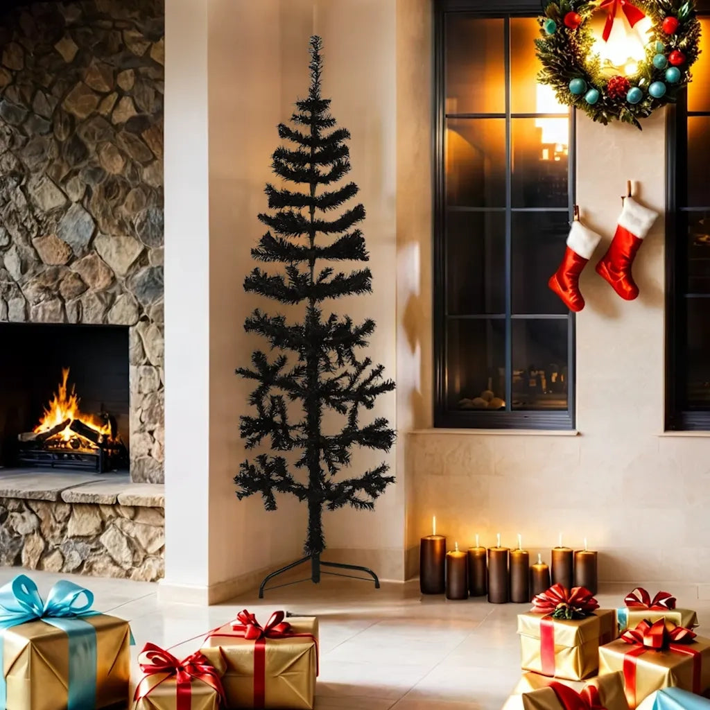 Albero Natale Artificiale Sottile a Metà e Supporto Nero 180 cm 344576