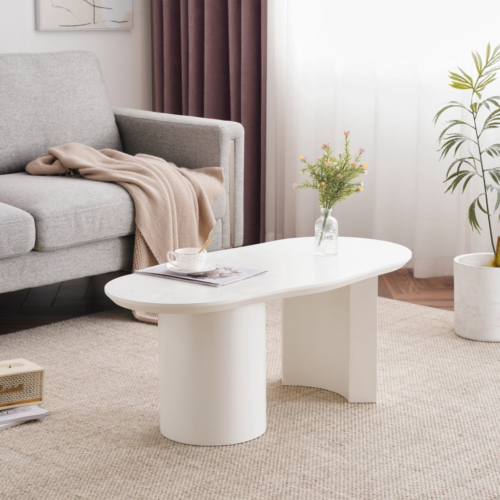 Tavolino basso in MDF laccato bianco con piano irregolare, struttura stabile, per soggiorno, 100 × 40-50 × 40.5 cm