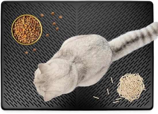Mat di gatto in silicone, 70 x 50 cm, basso profilo, antiscivolo, impermeabile, facile da pulire, mat di gatto a basso profilo con controllo dello strato (nero)
