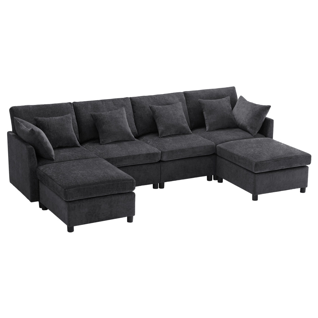 Divano modulare convertibile in forma U e L - Zephmum - Con 2 pouf e 6 cuscini in tessuto chenille