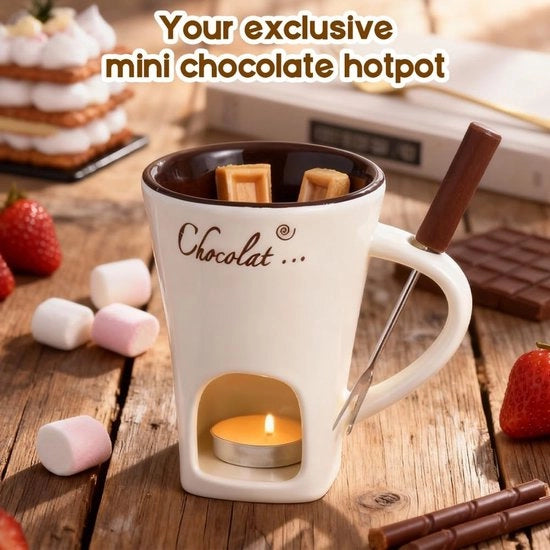 Fonduta al cioccolato con contenitore in ceramica 200 ml - forchetta - luce di accensione - resistente al lavastoviglie - con capacità di riscaldamento - bicchiere per fonduta