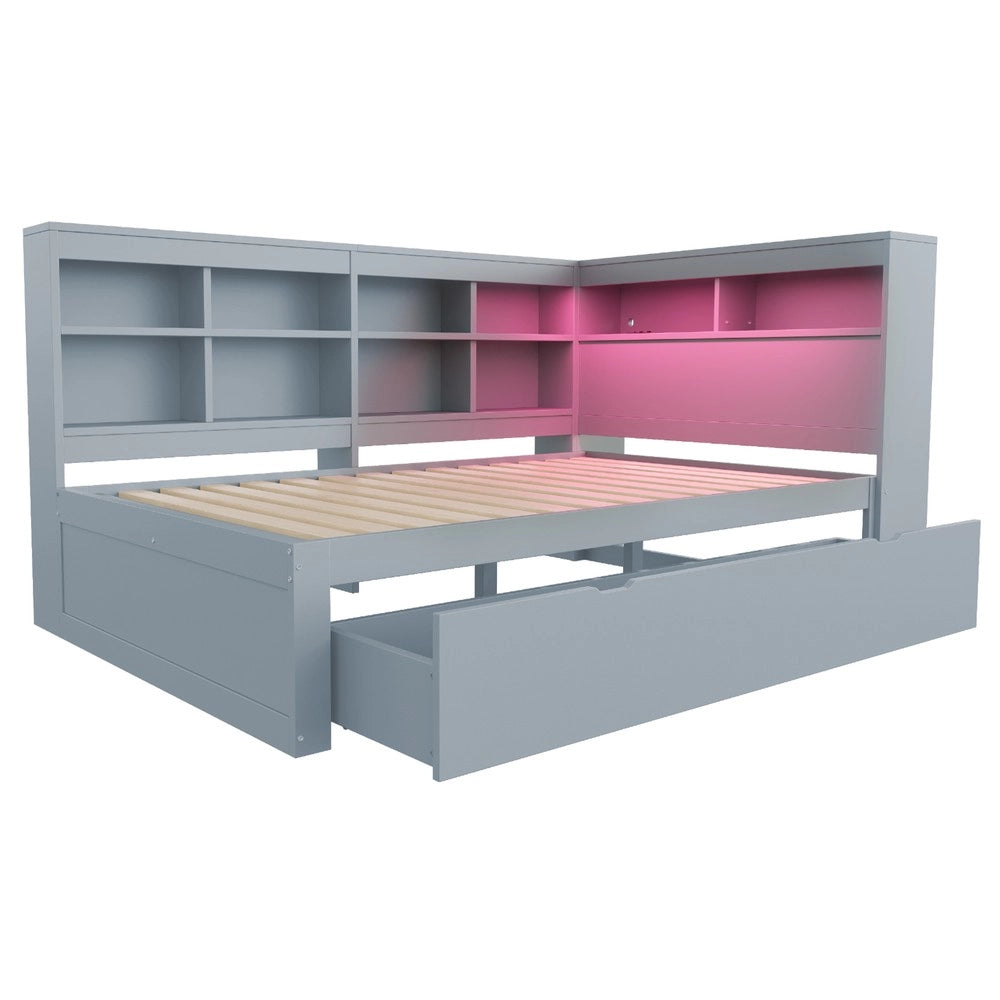 Letto Matrimoniale in Legno Massello con Cassetti e LED ¨C MINIMAL ¨C Grigio 140x200