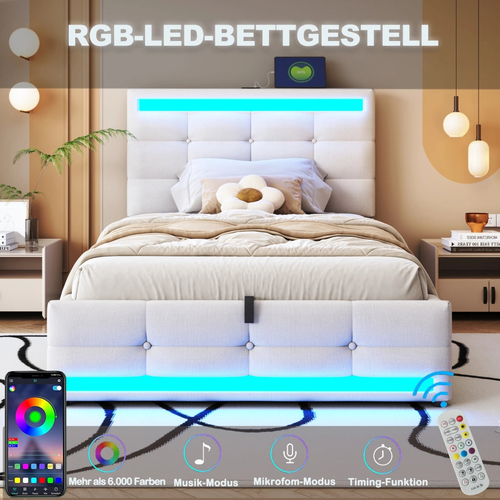 LETTO Imbottito LED 90x200 cm Beige con 2 porte USB