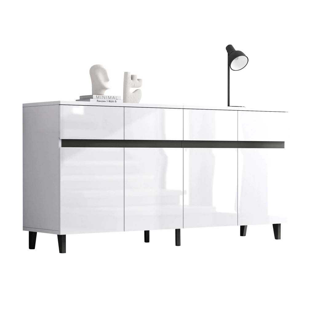Sideboard bianco lucido con 4 cassetti, 2 ante e ripiani regolabili, 160 x 40 x 68 cm