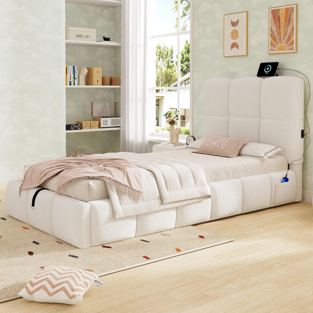 LETTO Contenitore 90x200 cm Bouclé Beige con rete a doghe e USB-C
