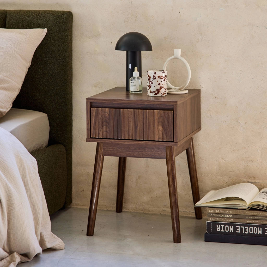 Comodino decorazione legno 1 cassetto, noce