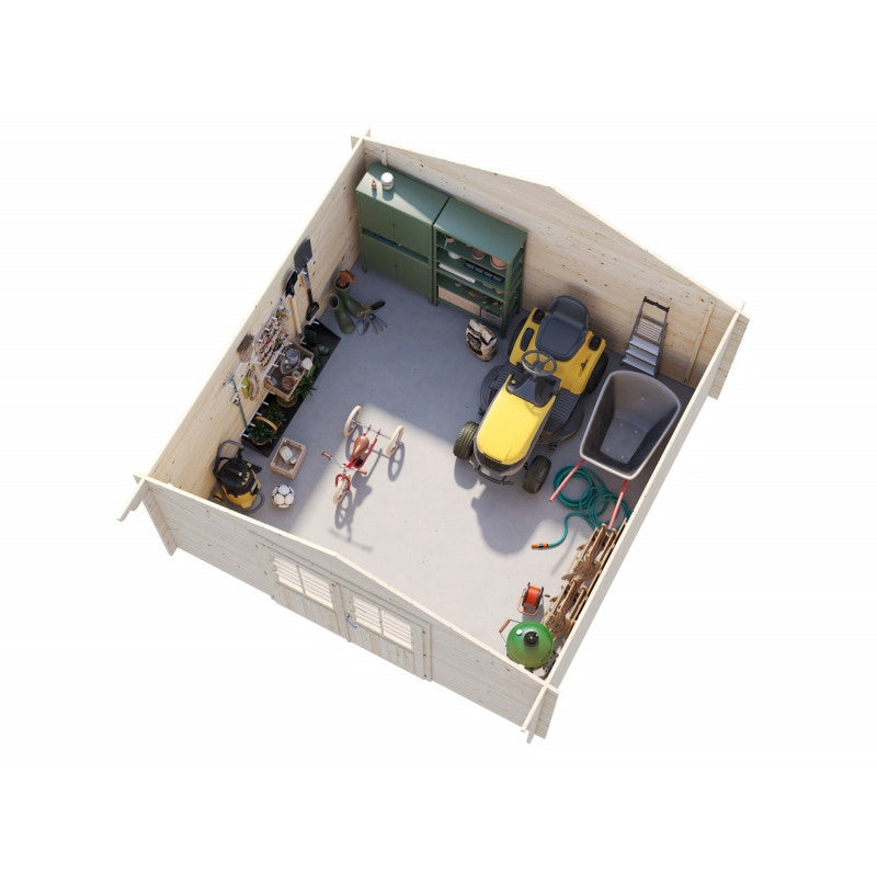 Casetta da giardino in legno 400x400 cm, pareti 28 mm grezze con porta doppia vetrata, per deposito attrezzi e arredo esterno - Esterni da Vivere