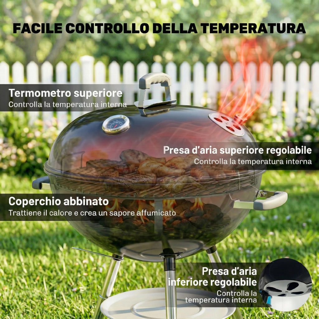 Barbecue a Carbone Rotondo con Coperchio ¨C Xylo ¨C Termometro e Ruote, Nero