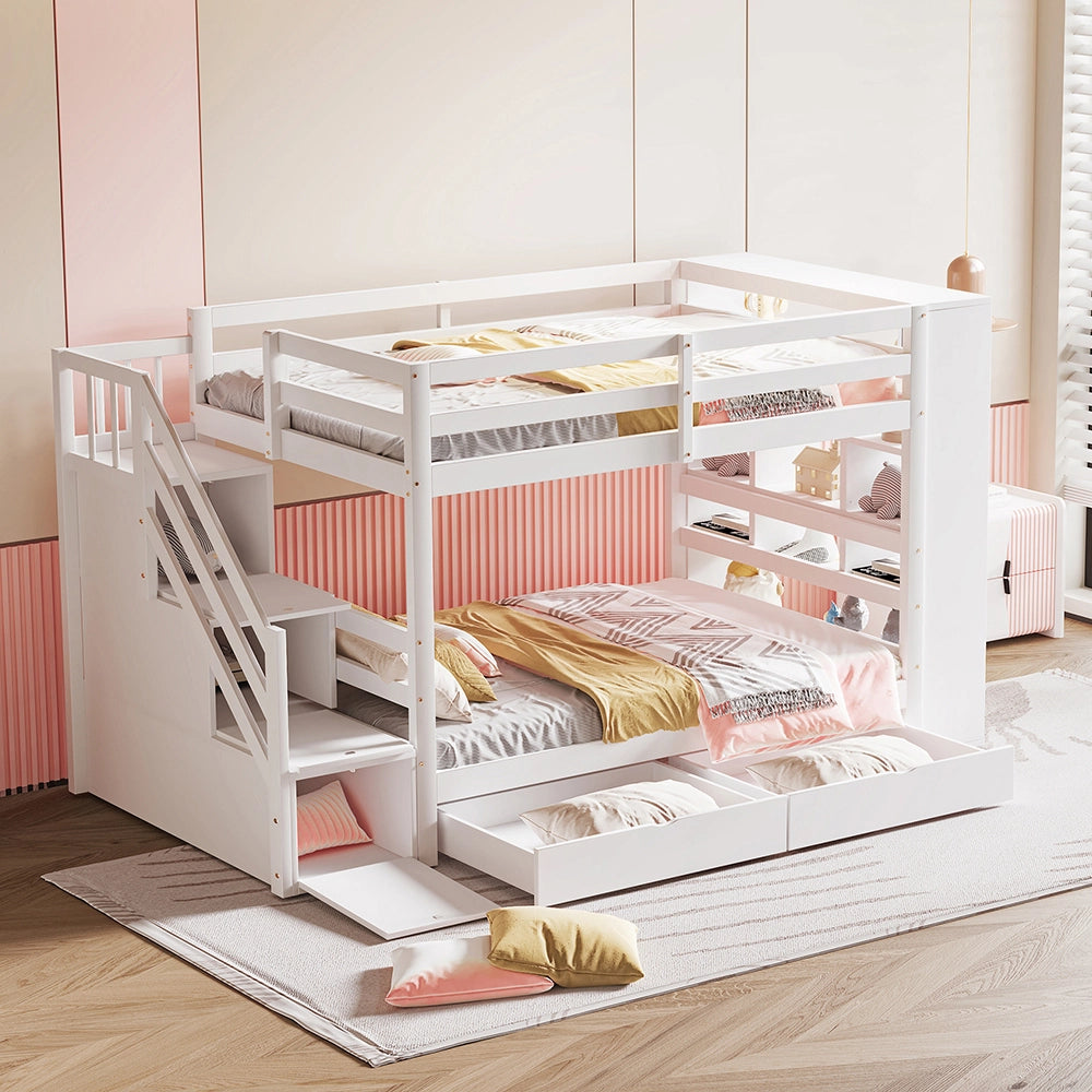 Letto a castello 90x200 cm - Xylo - Bianco con scala di sicurezza e cassetti
