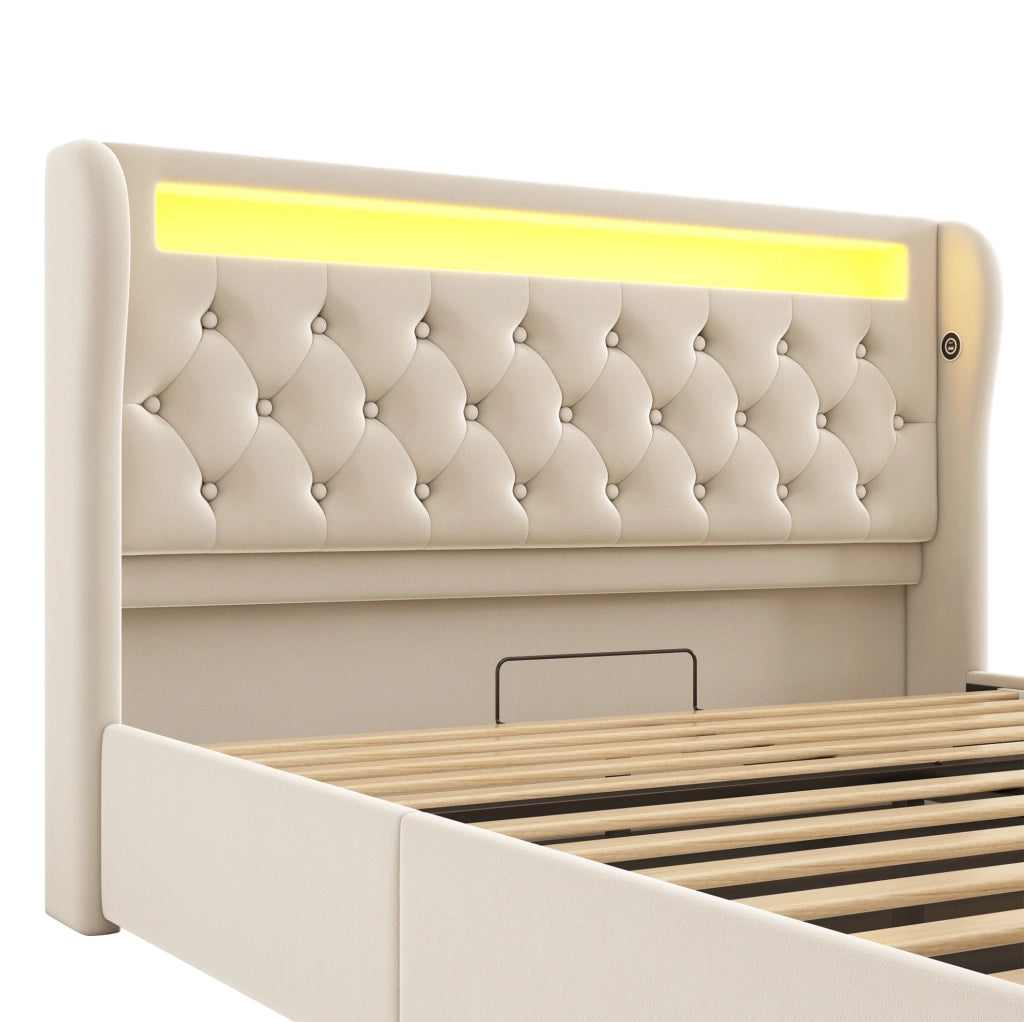 Letto imbottito con LED, ricarica USB e contenitore idraulico